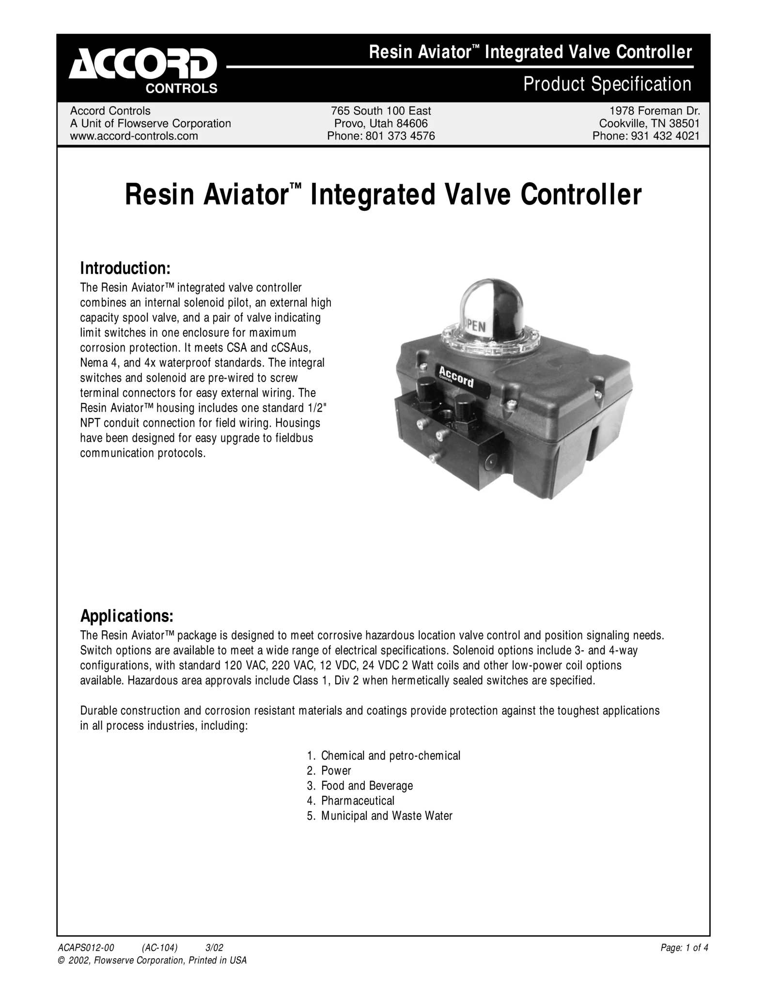 Accord Resin Aviator阀门控制器产品规格