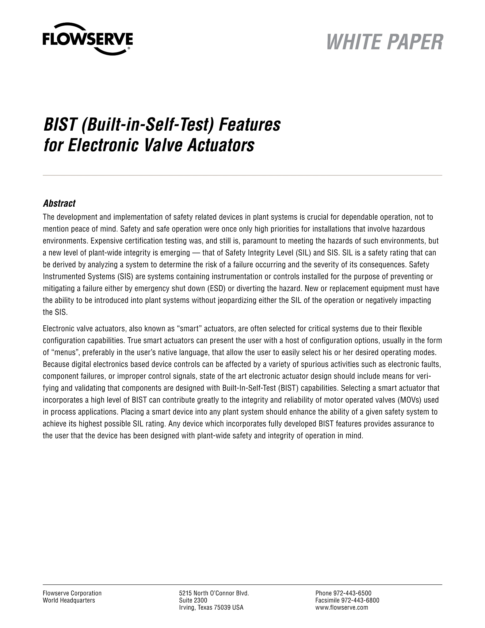 电子阀门执行器的Limitorque BIST（内置自检）功能 - 白皮书