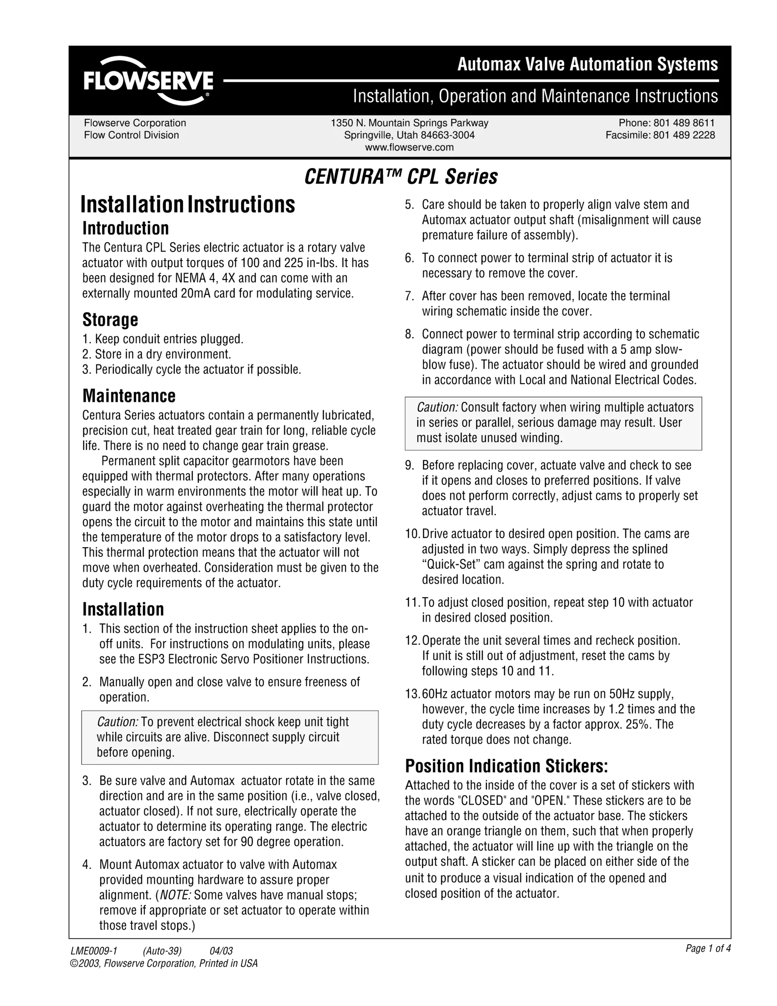 Automax CENTURA™ CPL 系列电动执行器使用说明（IOM）
