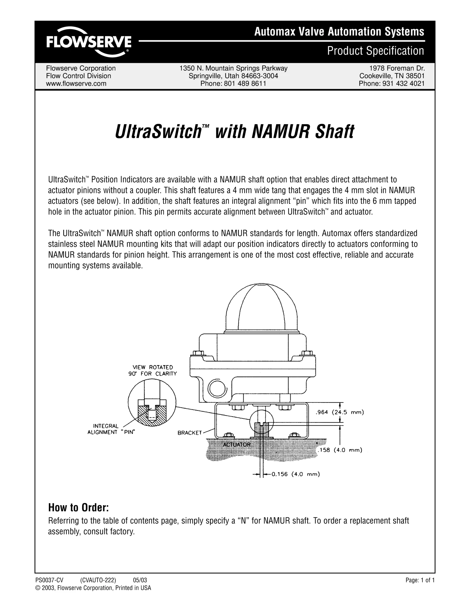 Automax UltraSwitch™（装有NAMUR轴）产品规格