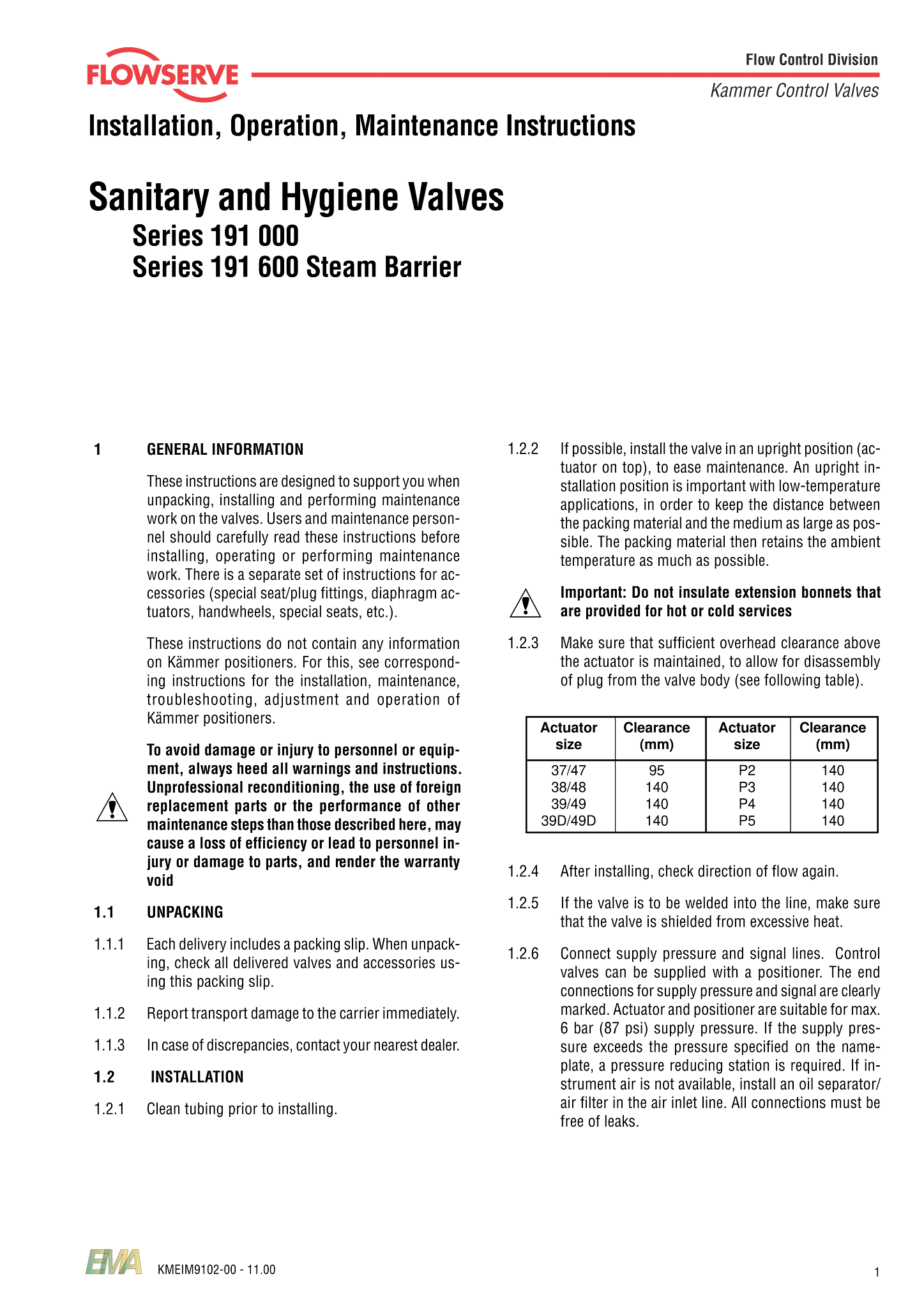 Kämmer CleanFlow无菌、卫生和清洁系列阀门191000使用说明（IOM）