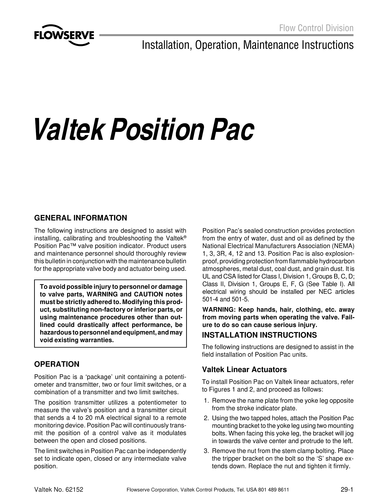 Valtek Position Pac：用户信息手册