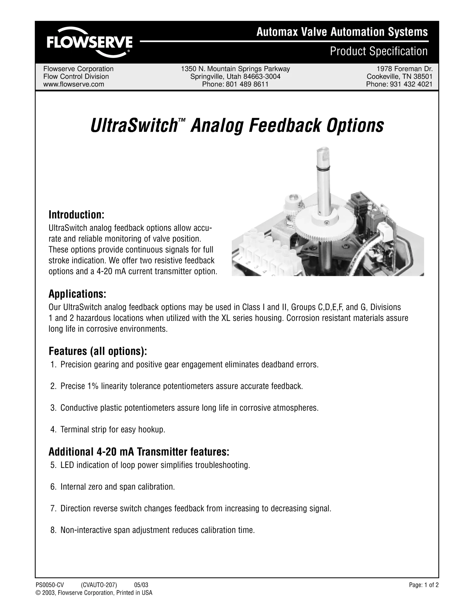 Automax UltraSwitch™ 模拟反馈规格