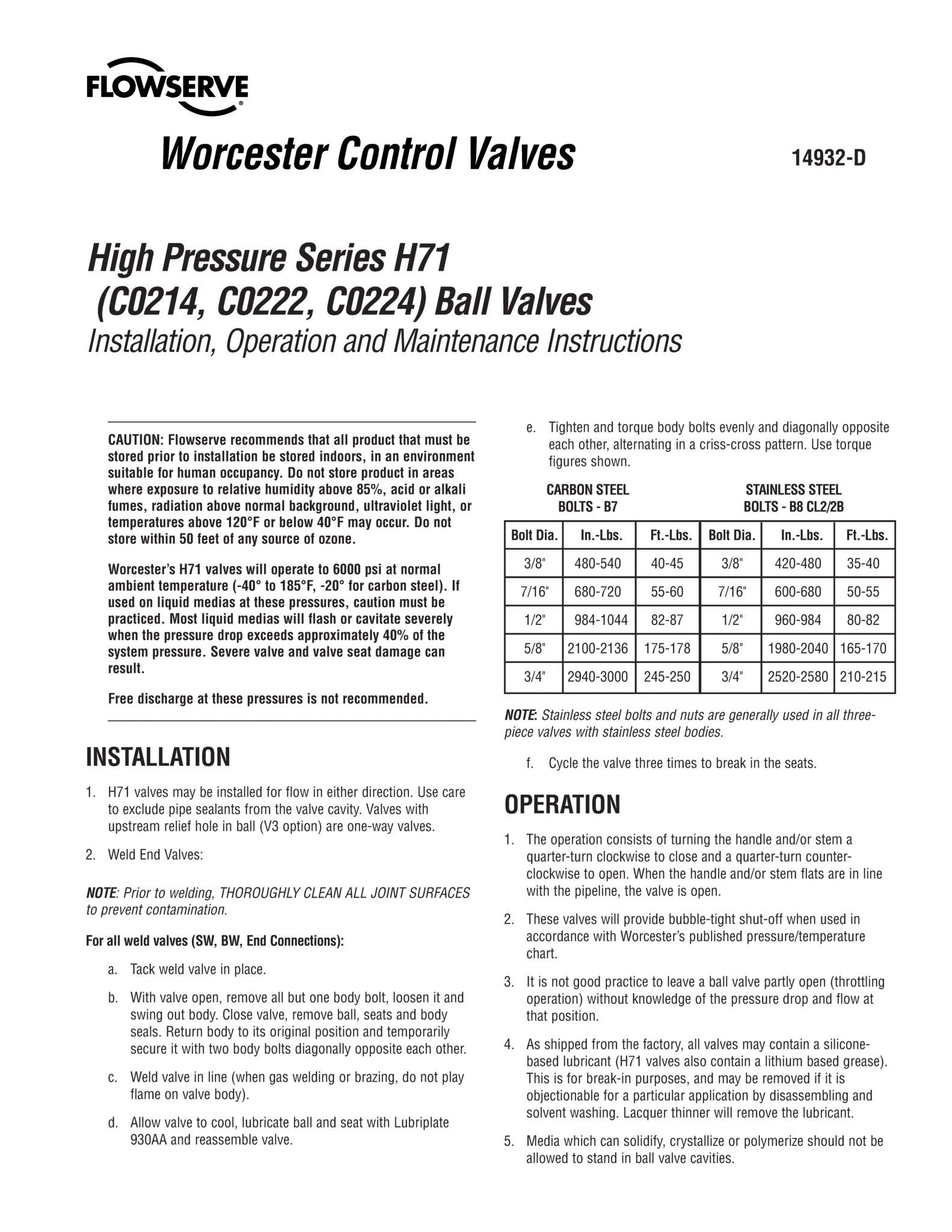 Worcester Controls高压H71系列球阀使用说明（IOM）