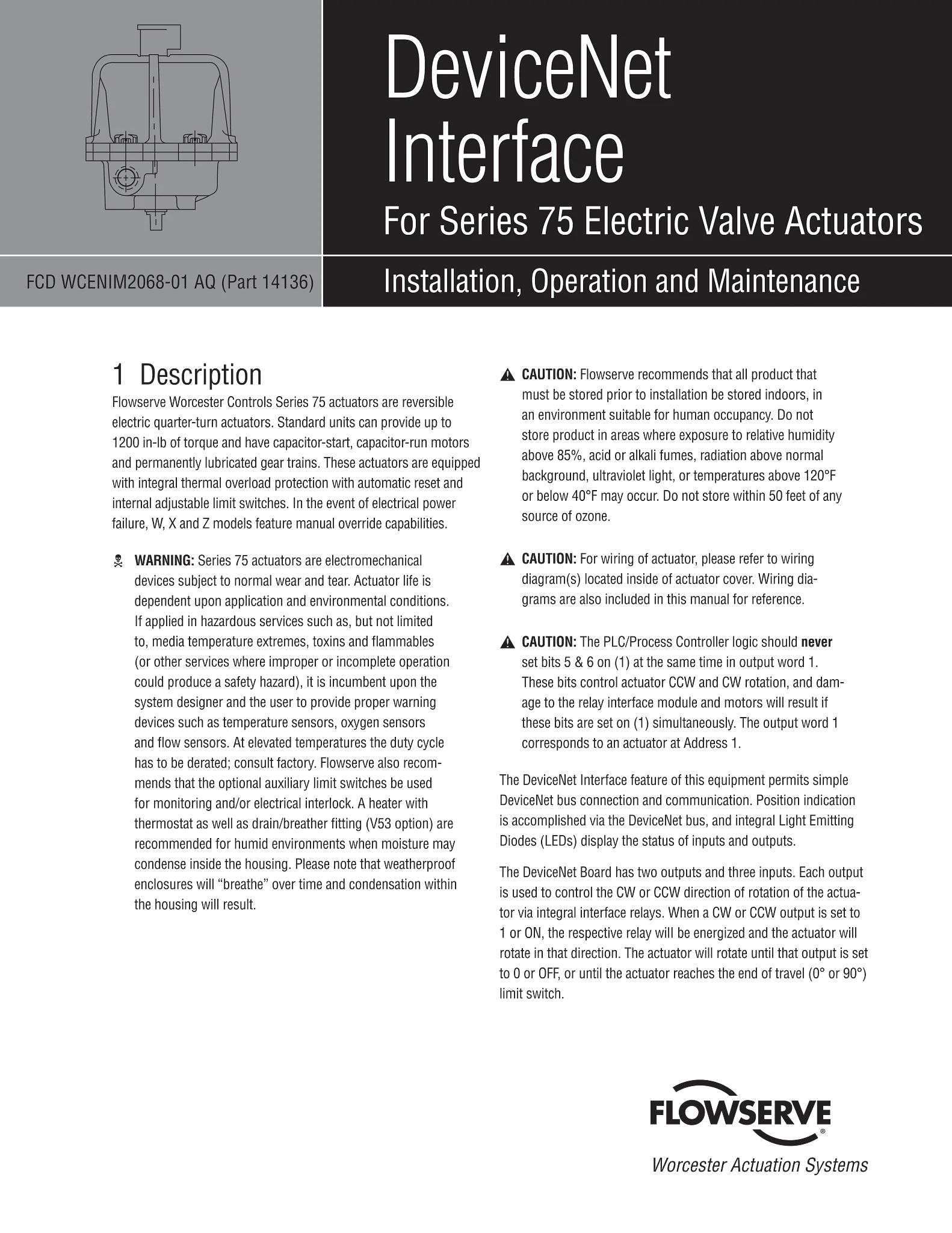 用于75系列电动阀门执行器的Worcester Controls DeviceNet 接口使用说明（IOM）
