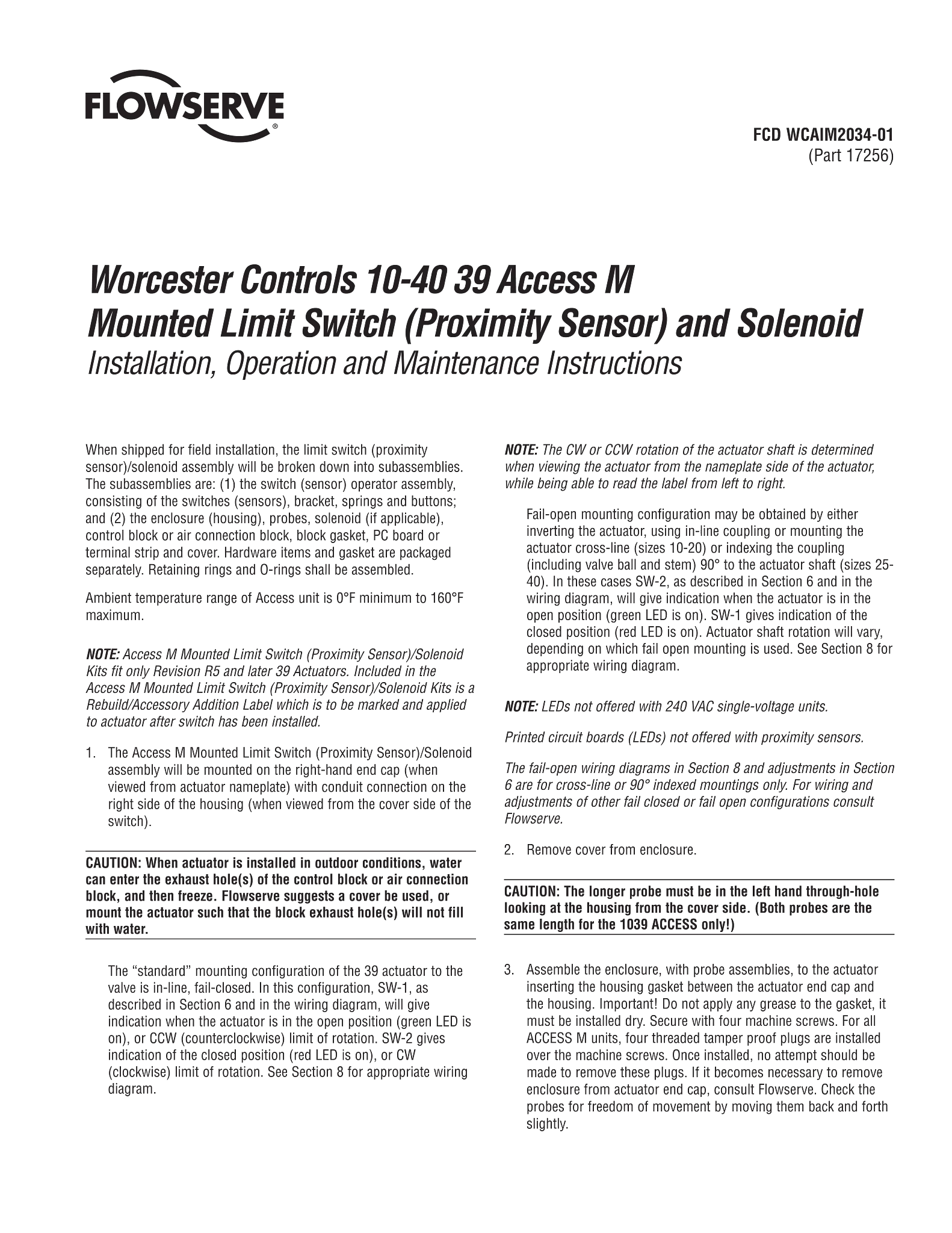 Worcester Controls 10-40 39系列ACCESS M安装的限位开关（接近传感器）和螺线管使用说明（IOM）