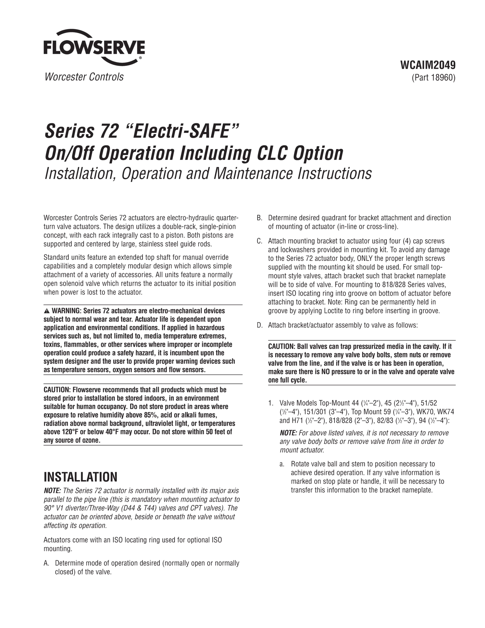 Worcester Controls72系列Electri-Safe执行器 - 开/关操作，包括CLC选件使用说明（IOM）