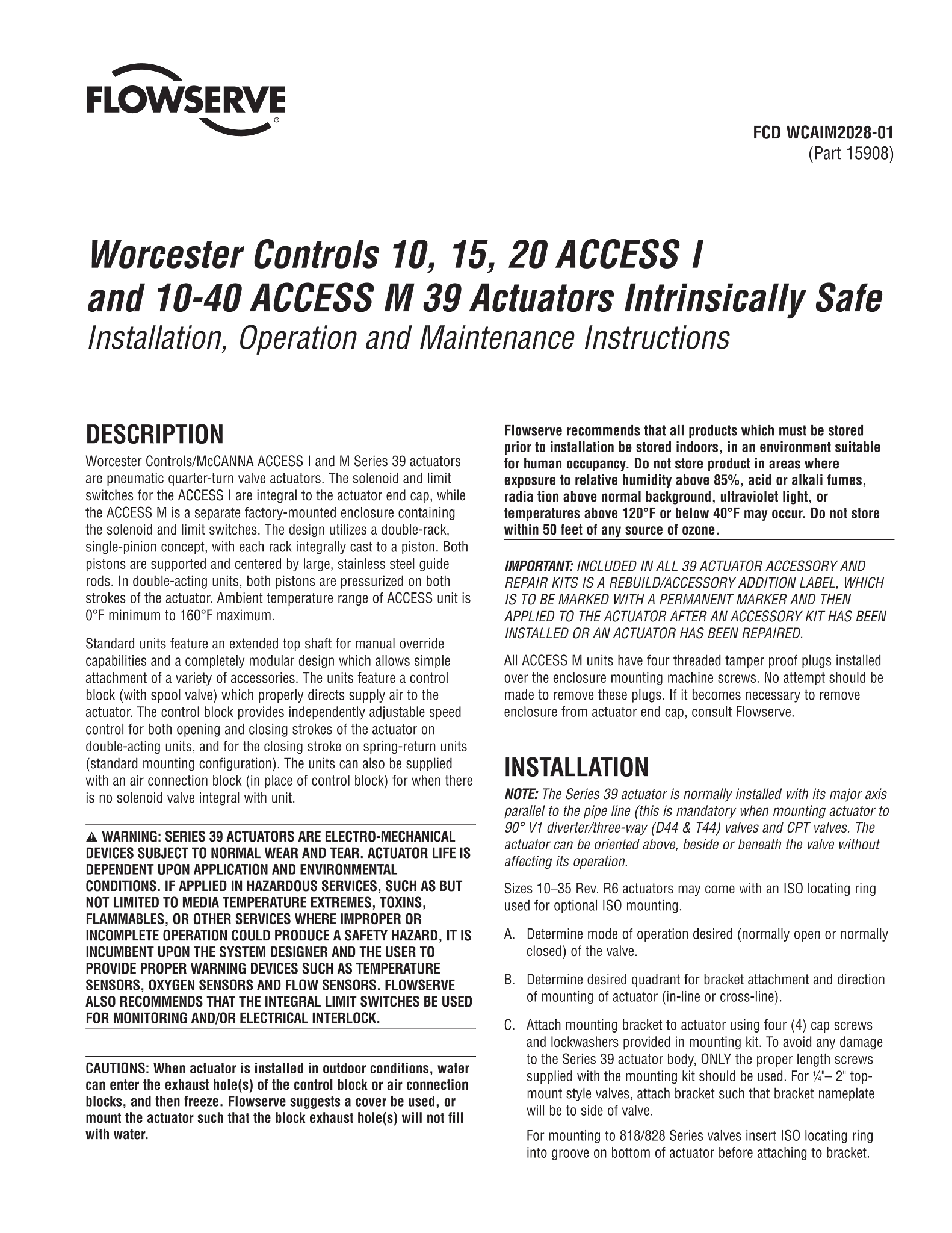 Worcester Controls 10、15、20 ACCESS I和10-40 ACCESS M 39系列执行器本质安全使用说明（IOM）