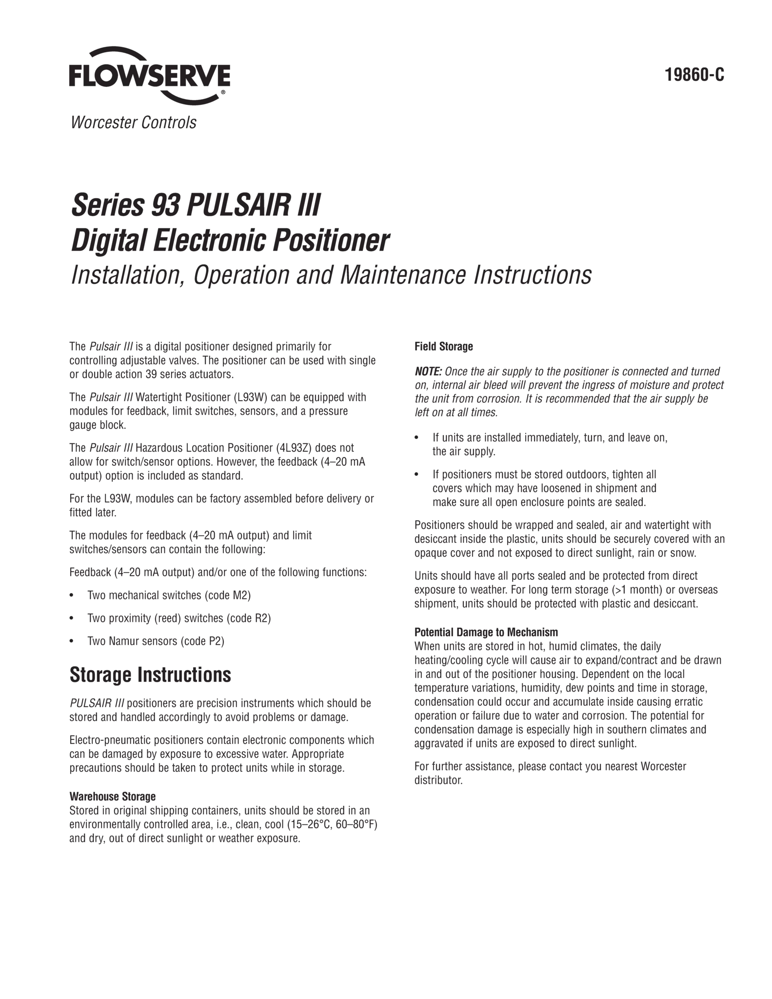Worcester Controls93系列PULSAIR III数字电子定位器使用说明（IOM）