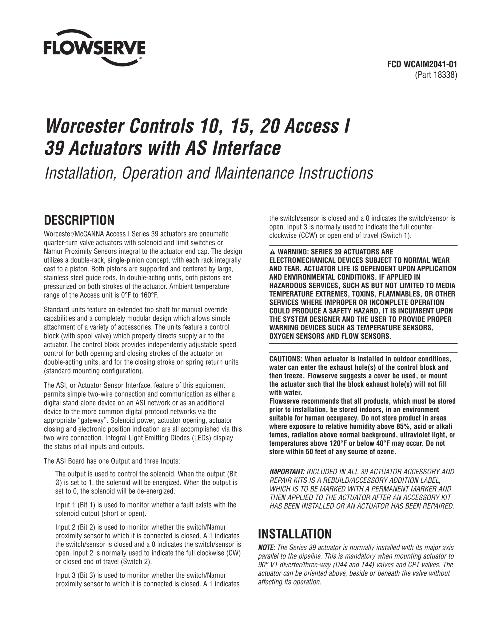 Worcester Controls10、15、20 ACCESS I 39系列执行器与AS接口使用说明（IOM）
