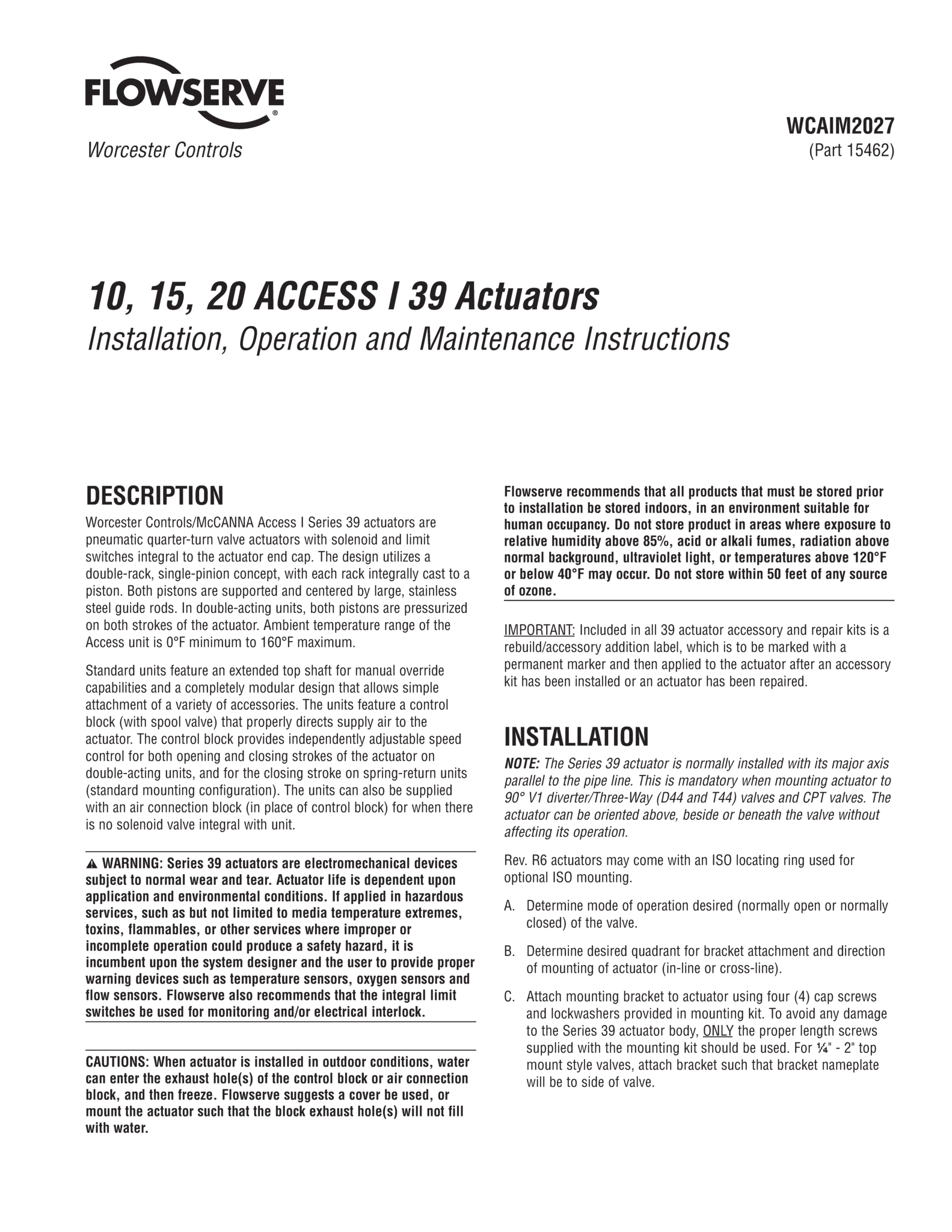 Worcester Controls 10、15、20 ACCESS I 39系列执行器使用说明（IOM）