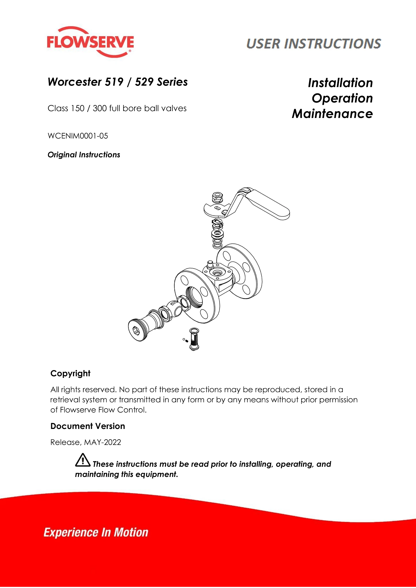 Worcester 519/529系列带法兰ANSI球阀使用说明（欧洲/亚洲）