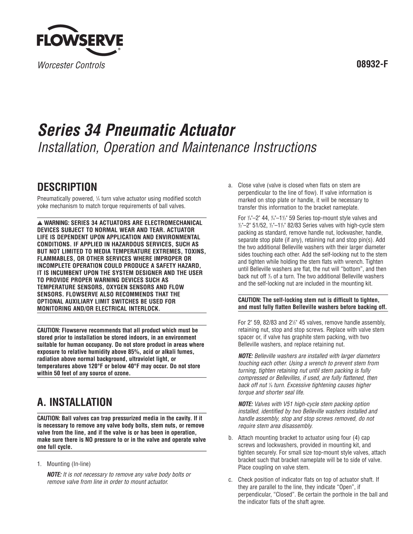 Worcester Controls Series 34气动执行器用户说明（IOM）