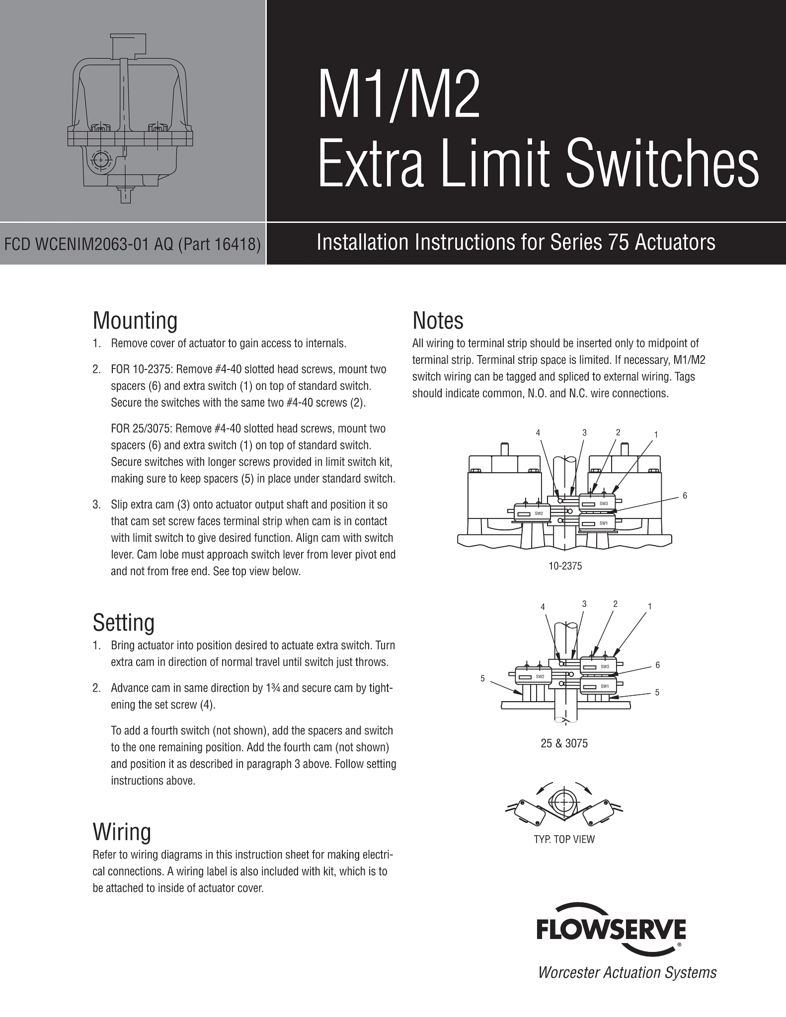 Worcester Controls M1/M2额外限位开关75系列执行器使用说明（IOM）