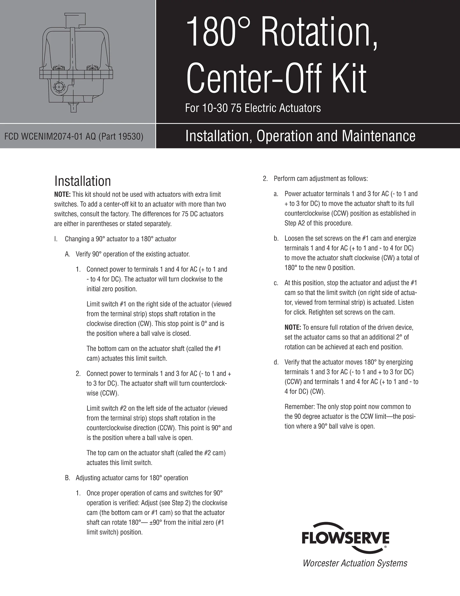 Worcester Controls 75系列电子执行器180°旋转，中间断开套件使用说明（IOM）