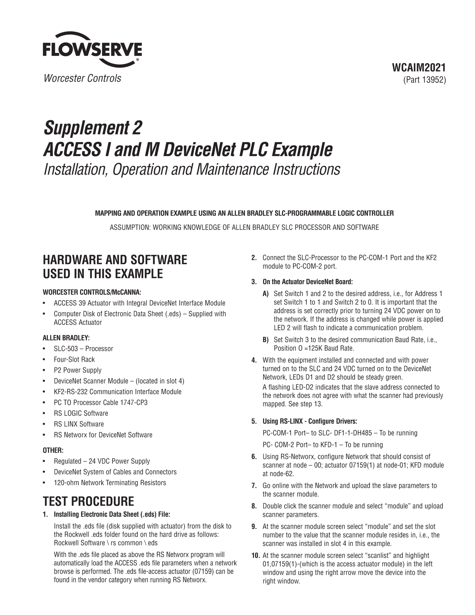 Worcester Controls 附录 2 ACCESS I 和 M DeviceNet EDS 示例使用说明 (IOM)
