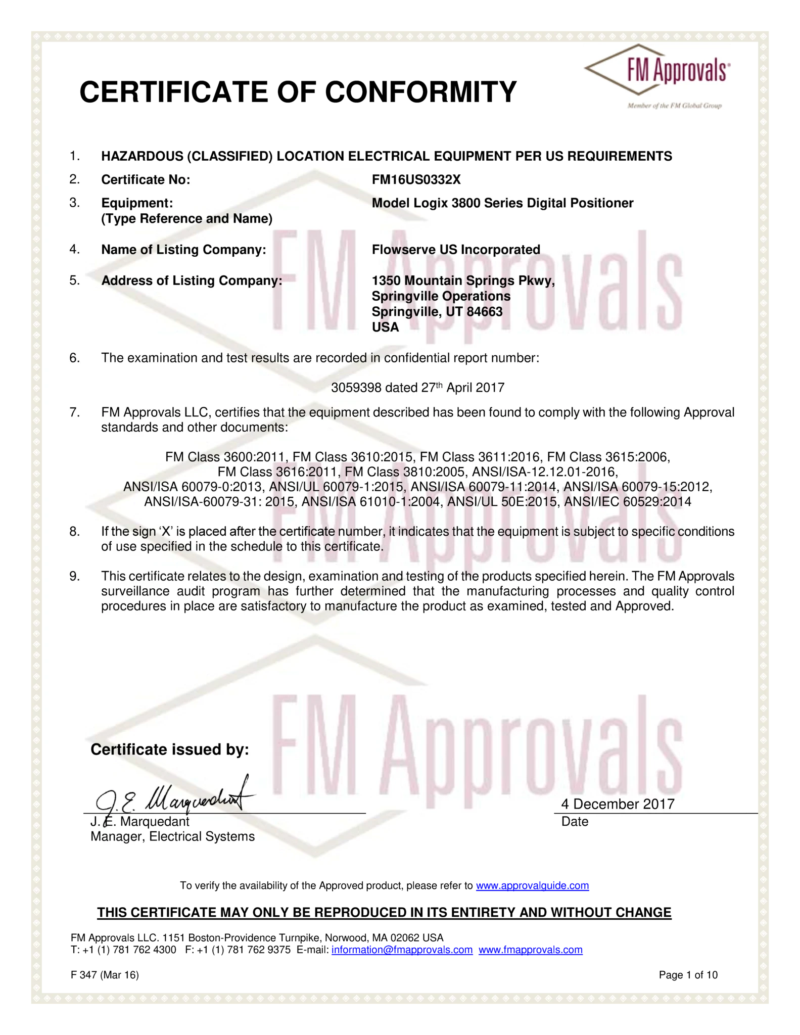 Logix 3800系列数字定位器 - 工厂互防爆、非易燃和本质安全型检验证书（美国）