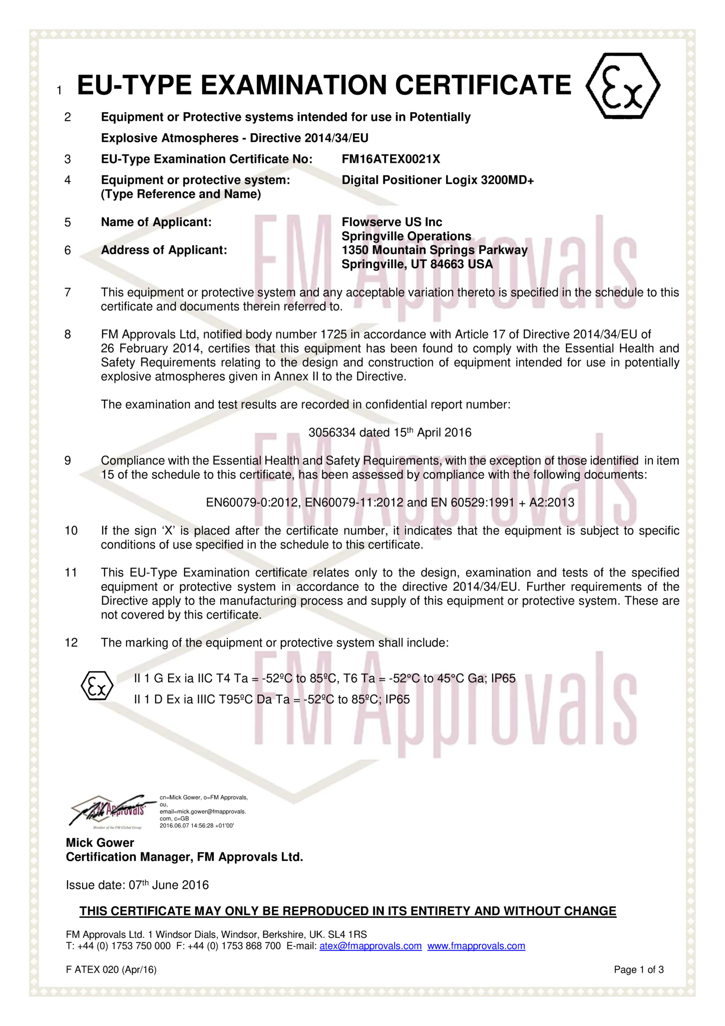 Logix 3200MD+定位器 - ATEX本质安全证书