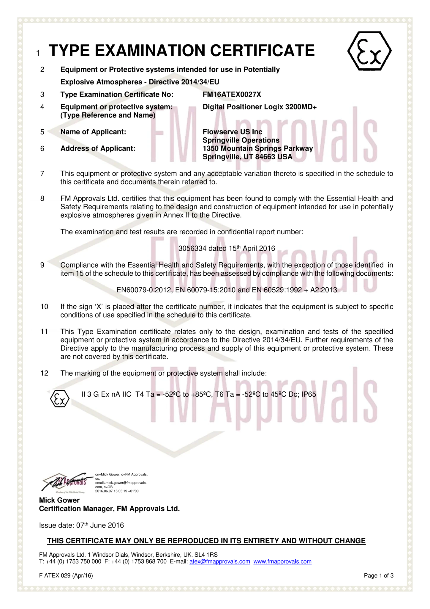 Logix 3200MD+定位器 - ATEX非易燃性证书