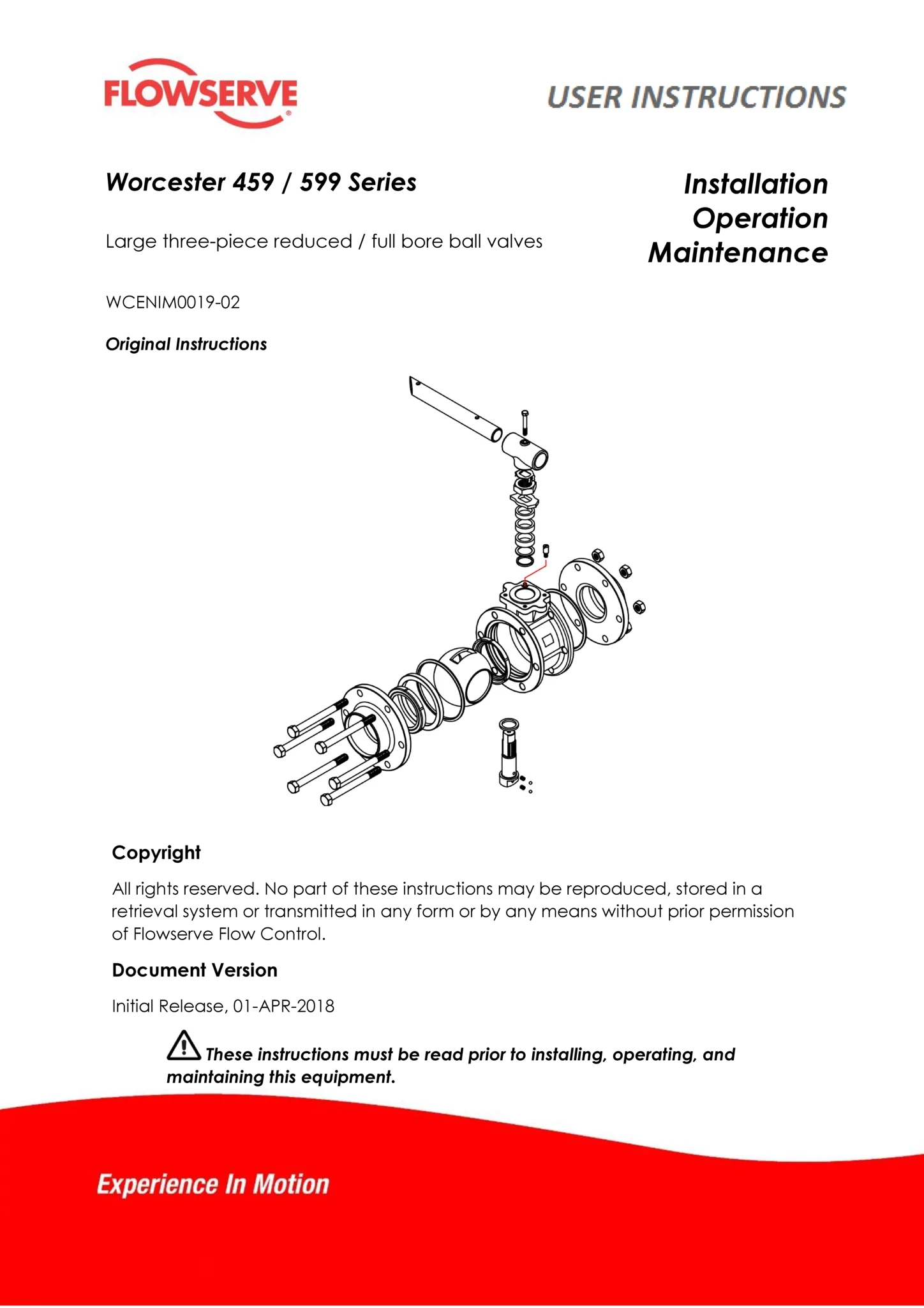 Worcester Controls 459/599系列大型三件式缩径/全通径球阀使用说明(IOM) （欧洲/亚洲）